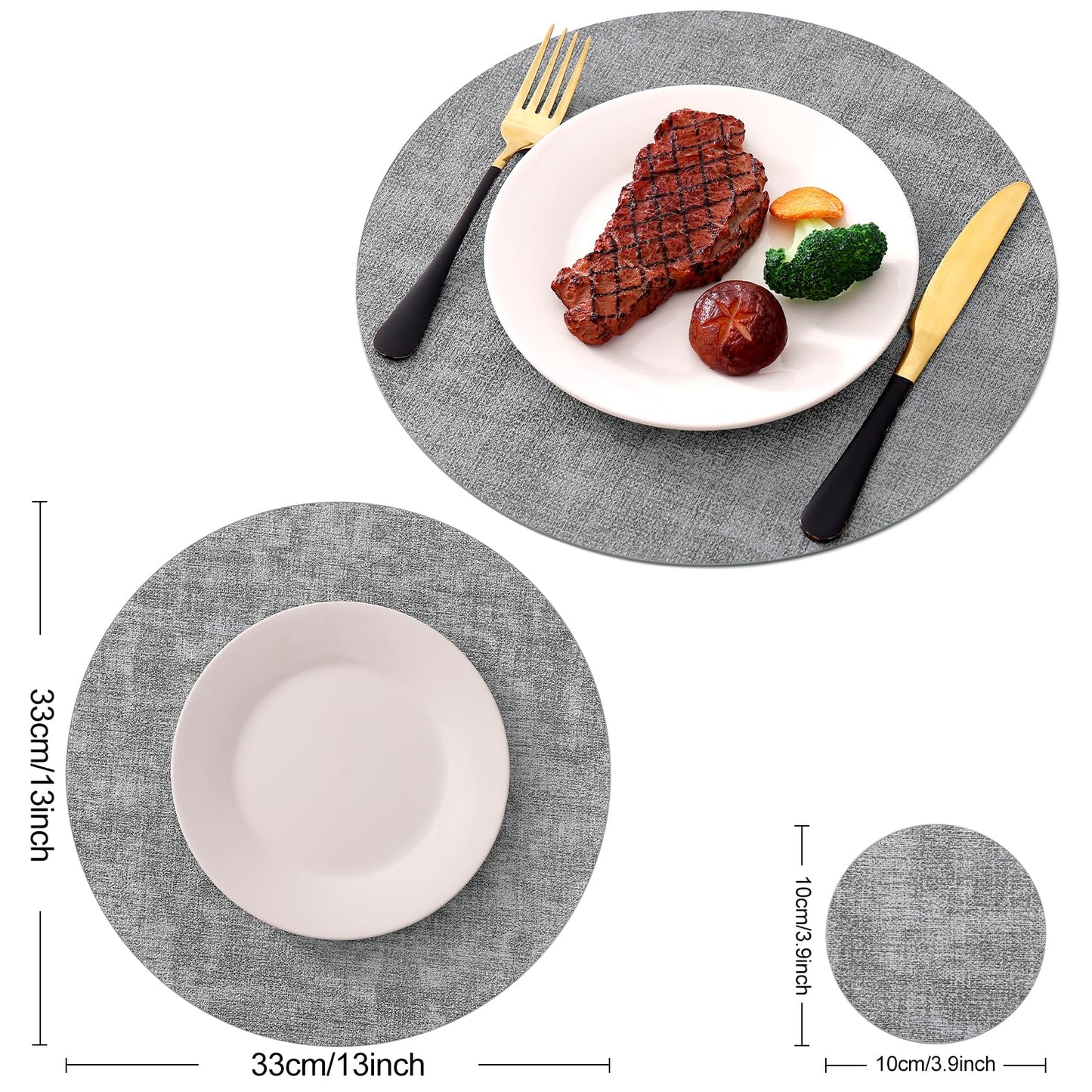 Homaxy Round Faux Leather Placemats and Coasters, Washable Dual-Side Table Mats, Wipeable Heat-Resistant Dining Place Mats for Outdoor and Indoor, Set of 12, Diameter 13 and 3.93 inch, Light Grey