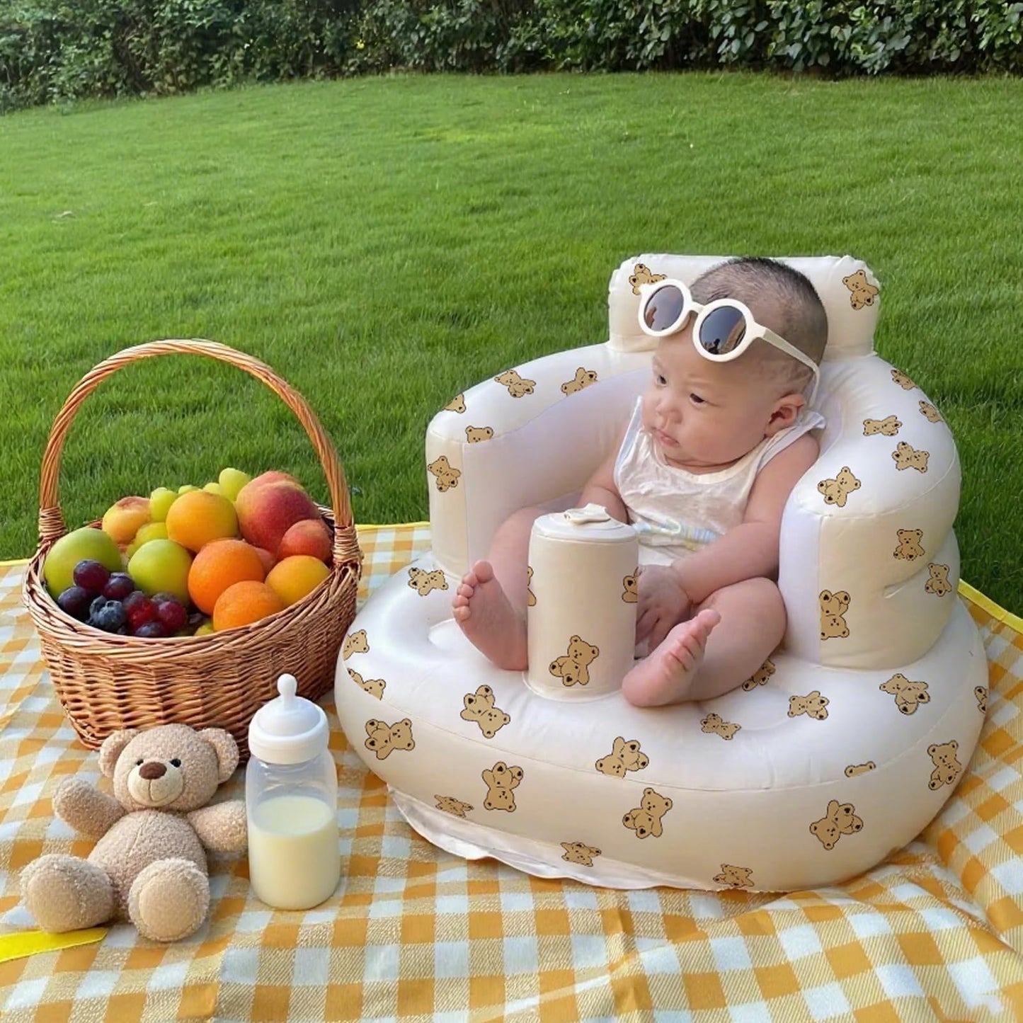 Momsnug Blow Up Seat for Baby, Inflatable Baby Chair 3 Months & Up, Chair for Babies Sitting Up with Built in Pump (Bear)