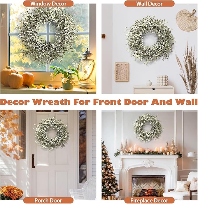 26 Inch Fall Wreath for Front Door Large Eucalyptus Wreaths with Mini White-Green Leaves, Autumn Greenery Wreath on Grapevine for Fall Door Decor Farmhouse Wall Window Home Decoration