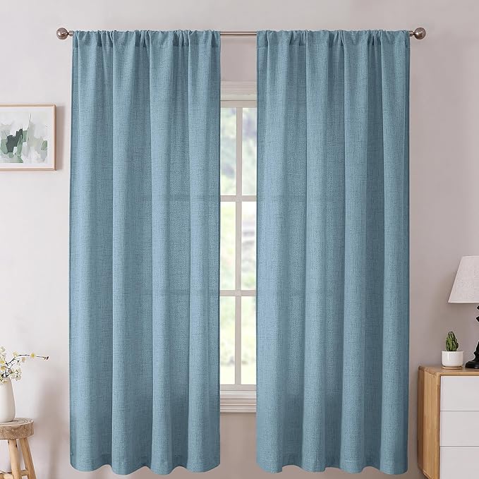 Tollpiz Short Linen Curtain Bedroom Rod Pocket Semi Sheer Curtains Burlap Light Filtering Thick Linen Drape for Living Room, 38 x 54 inches Long, Dusty Blue, Set of 2 Panels