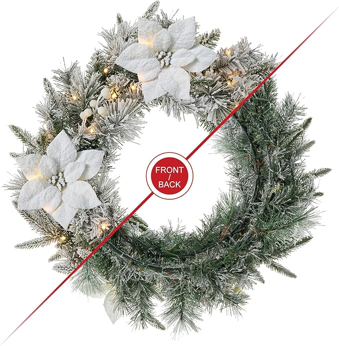 Glitzhome 24" D Pre-Lit Snow Flocked Greenery Pine Poinsettia Christmas Wreath, with 50 Warm White Lights with Timer