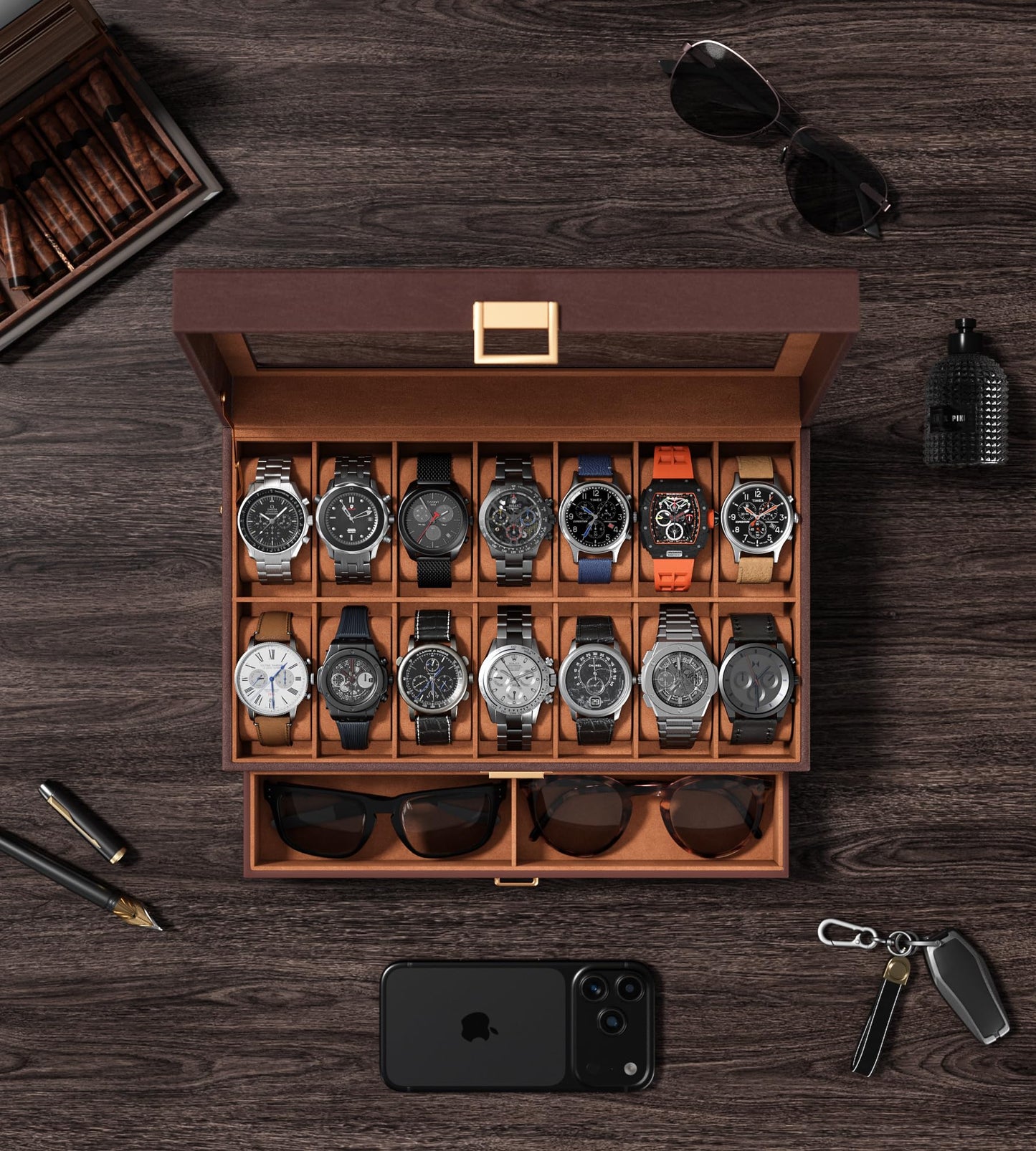 sensok Watch Case Box for Men – 14 Slots Watch Display Organizer with 6-Compartment Eyeglasses Storage, Real Glass Lid 2-Layer PU Leather Collection Holder Gift for Loved Ones Brown