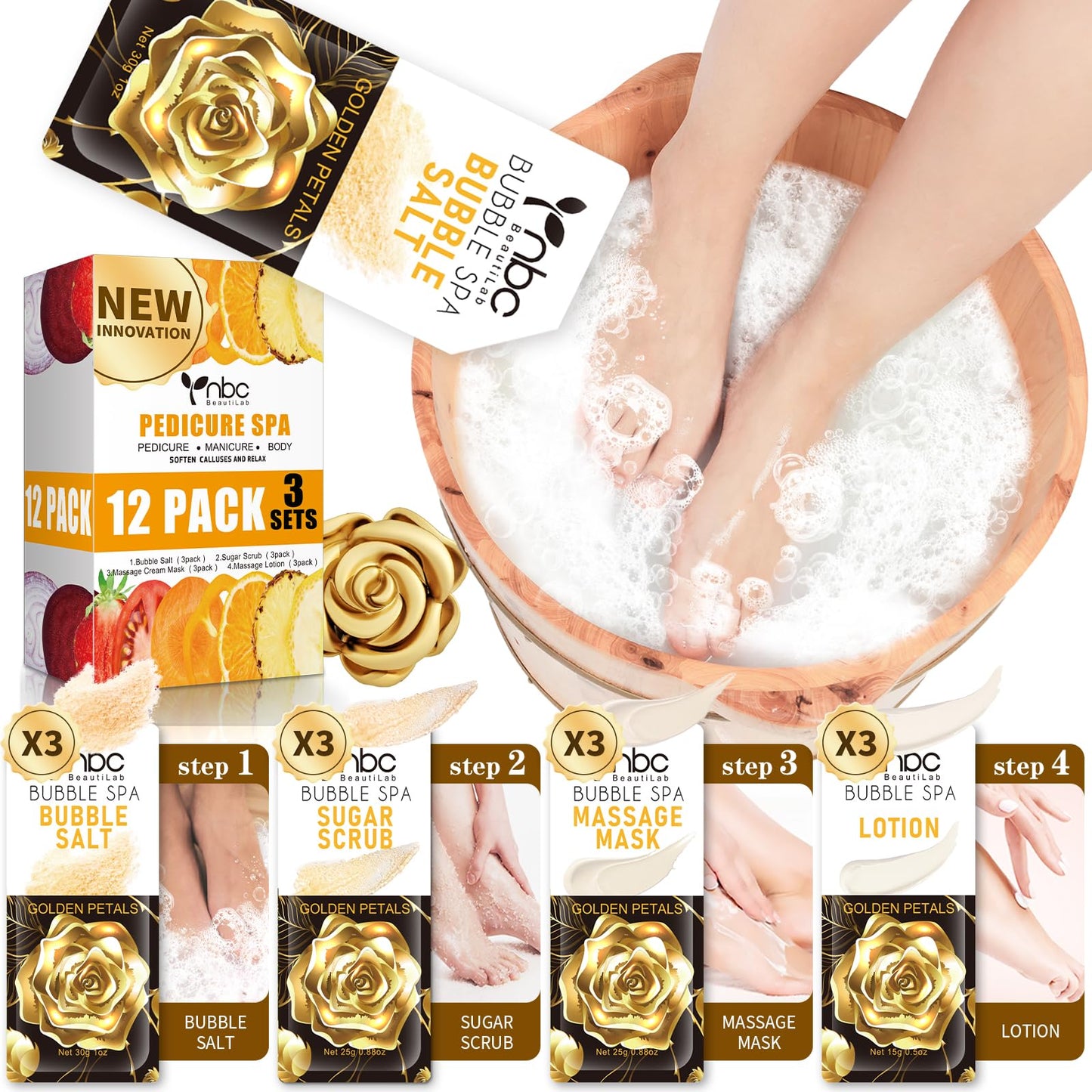 Pedicure Kit Foot Soak Set: Bubble Salt, Sugar Scrub, Massage Mask, Massage Lotion in a Box, 4 Step Foot Spa Kit for Dry Feet,Tired Feet（3 Set Tropical Fruit)
