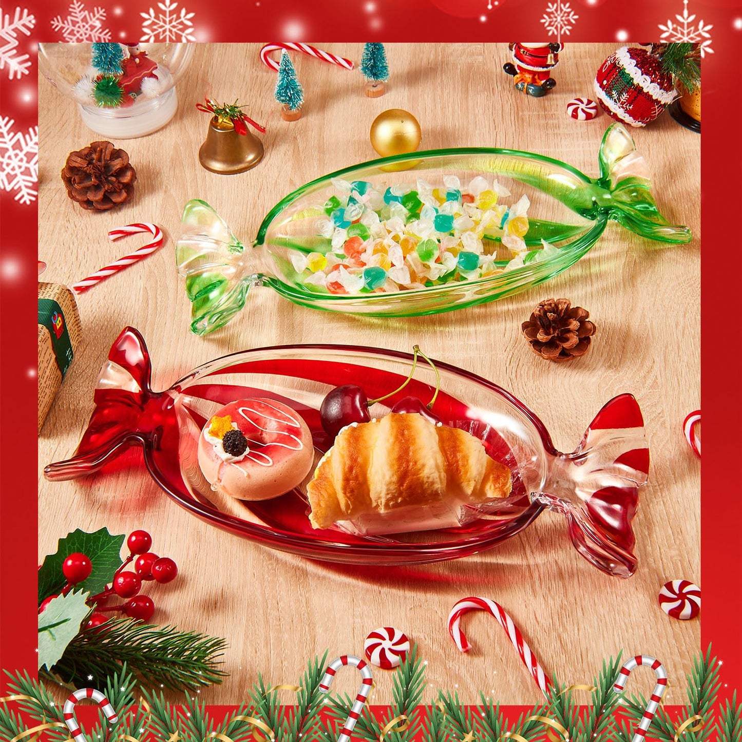Maxcheck 2 Pcs Christmas Candy Platter Glass Candy Dish Tray Decorative Dessert Plate for Xmas Parties Holiday Treats Bowls Crystal Fruit Plates for Party Snack Storage (Large,Red and Green)