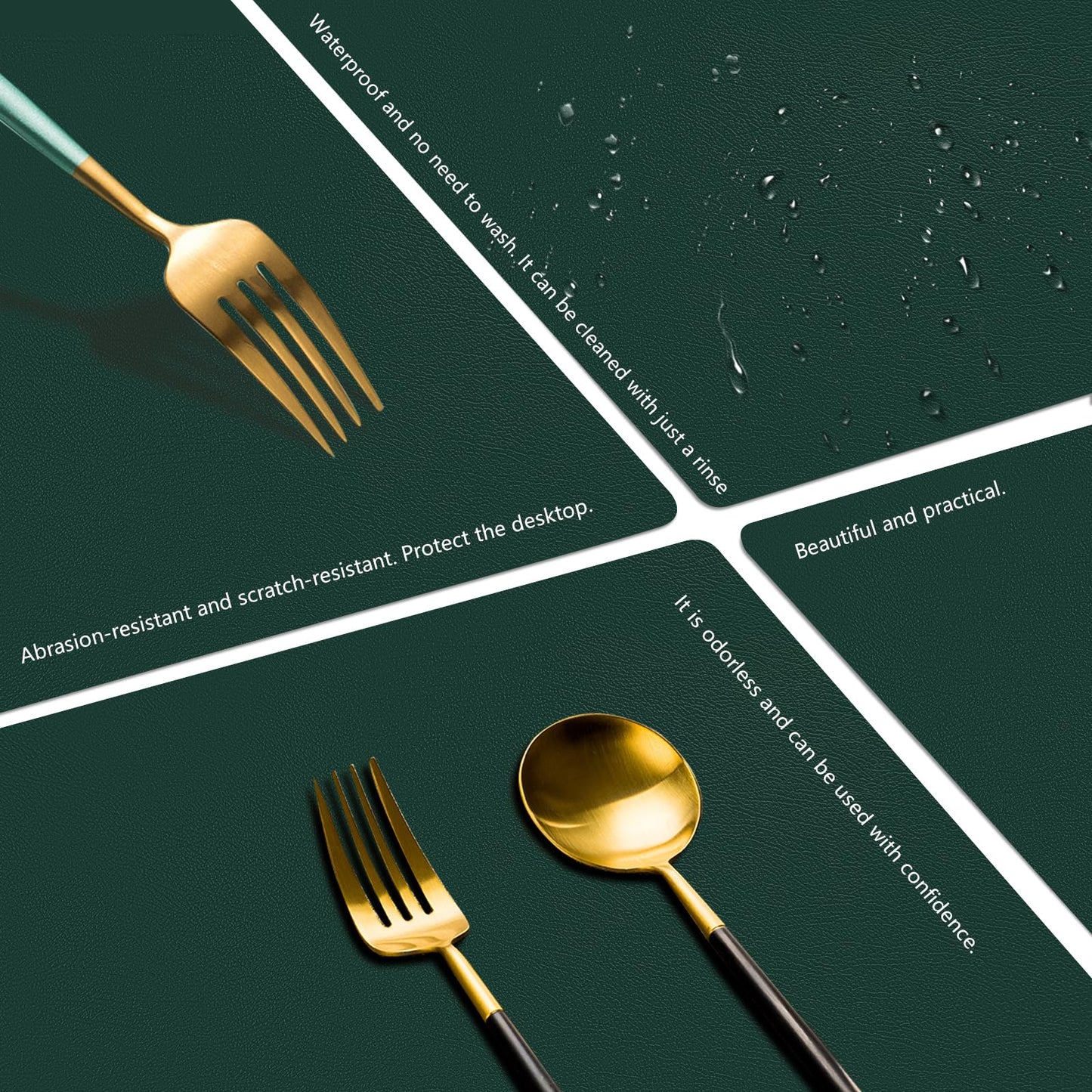 Keaixinyu Placemats and Coasters Set of 6, Waterproof、Oil-Proof Wipeable、Anti Slip PVC Leather Place Mats, Heat Resistant Reversible Table Mats for Kitchen, Dining, Outdoor 17’’×12’’, (Dark Green)