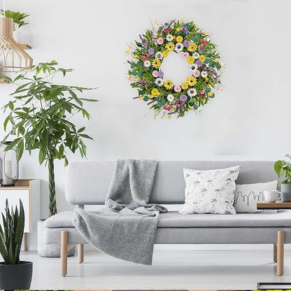 Spring Wreath 22 Inch Artificial Summer Wreath with Yellow Daisy Flowers Green Eucalyptus Leaves Lavender Spring Wreaths for Front Door Home Farmhouse Porch Wall Easter Festival