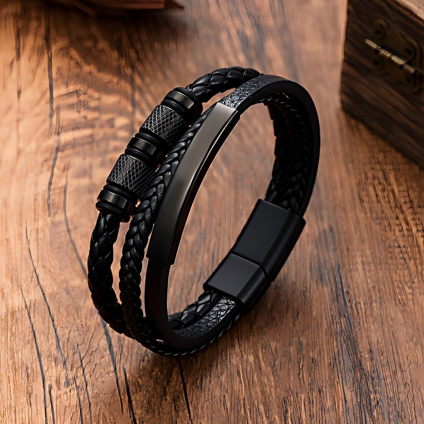 Kim Carrey Italian Handmade Genuine Leather Bracelets for Men Stainless Steel Clip, Men's Casual Genuine Multi-layer Cuff Bracelet, Bracelet Gift for Real Men (Pure Black)