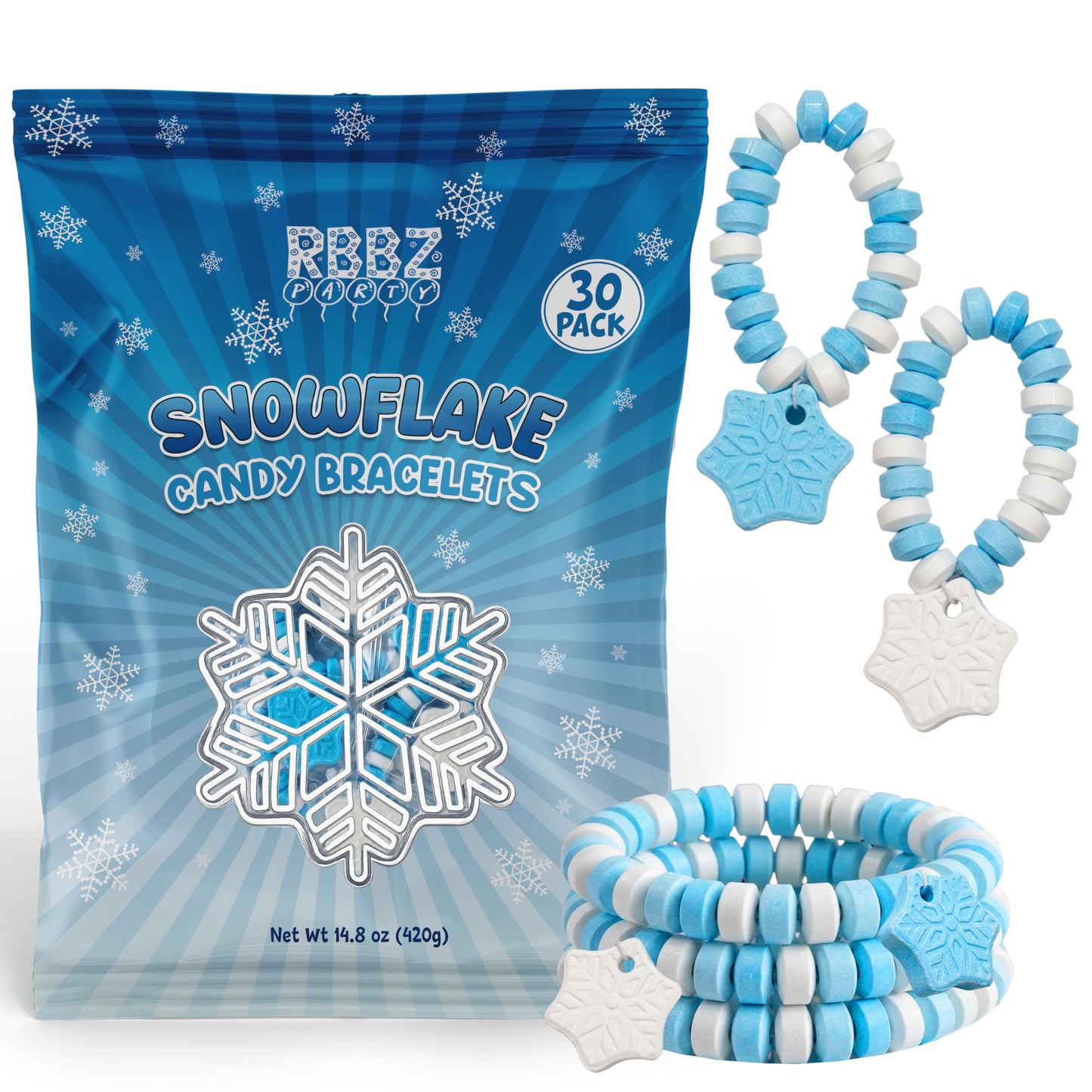 Snowflake Candy Bracelets – 30 Count Bulk Value Pack, Individually Wrapped Suckers – Winter Candy Blue and White Snow Flake Shaped – Birthday Treats – Frozen Party Favors – Goodie Bag Stuffers for Kids – Pinata Filler