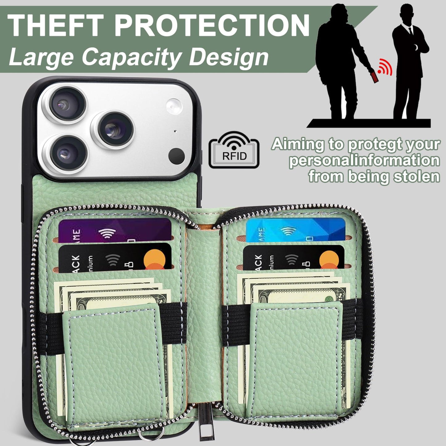 XANGNIER Wallet Case for iPhone 17 Pro Max with Strap, RFID Blocking PU Leather Crossbody Phone Purse with Card Holder, Zipper Pocket, Wrist Strap & Adjustable Lanyard for Women 6.9" 5G,Green