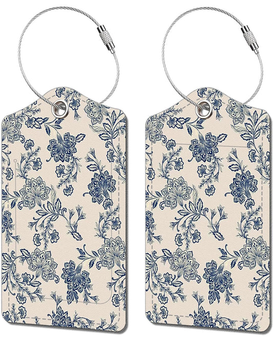 2 Pack Luggage Tags for Suitcase, Retro Vintage Flower 2 Pcs Leather Suitcase Tags Cruise Ship with Privacy Cover and Double Metal Loop for Women Men Girls Boys Travel Baggage Bag Backpack Tags