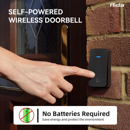 AIDA Wireless Doorbell, Self-powered Doorbell with Extra Socket, No Battery Required Push Button, Cordless Door Bell Ringer, 5 Volume Levels with 32 Doorbell Chimes (White, 2 Button & 1 Receiver)