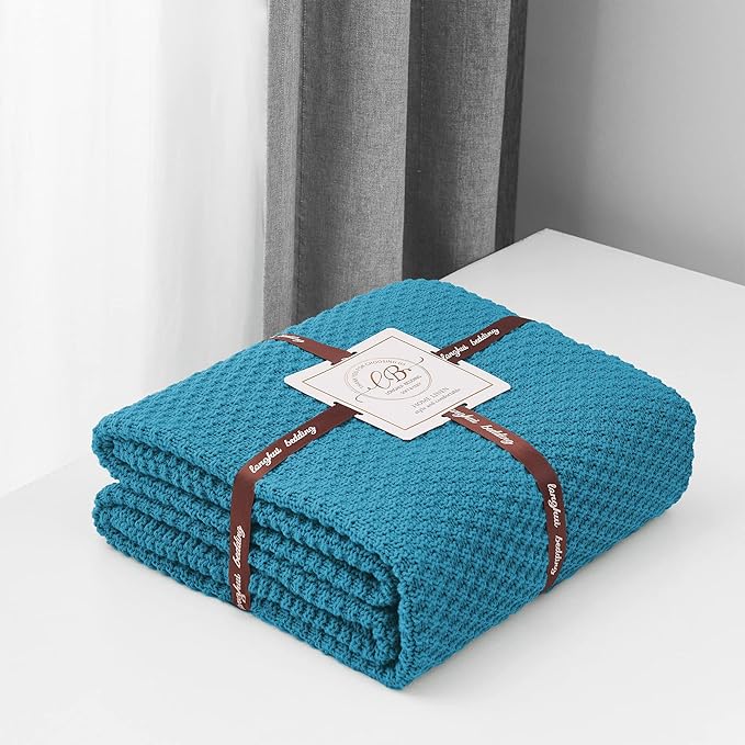 Longhui bedding Teal Knitted Throw Blanket for Couch, Soft, Cozy Machine Washable 100% Cotton Sofa Knit Blankets, Heavy 3.0lb Weight, 51 x 63 Inches, Teal Color.