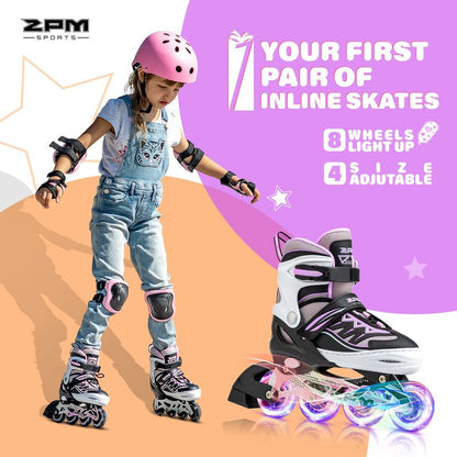 2PM SPORTS Cytia Pink Girls Adjustable Illuminating Inline Skates with Light up Wheels, Fun Flashing Beginner Roller Skates for Kids (Purple, Small - Little Kids (10C-12.5C US))