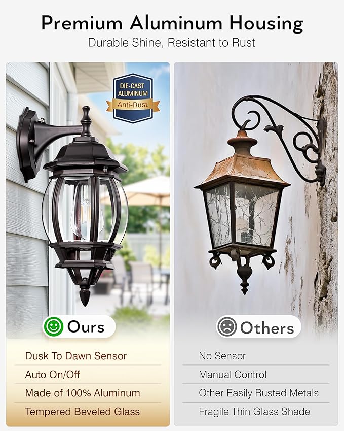 VIANIS Oil Rubbed Bronze Outdoor Wall Lights, Farmhouse Dusk to Dawn Sensor Exterior Lighting Fixtures Wall Mount for House, Outdoor Wall Sconce Lantern for Porch, Anti-Rust Coach Lights for Garage