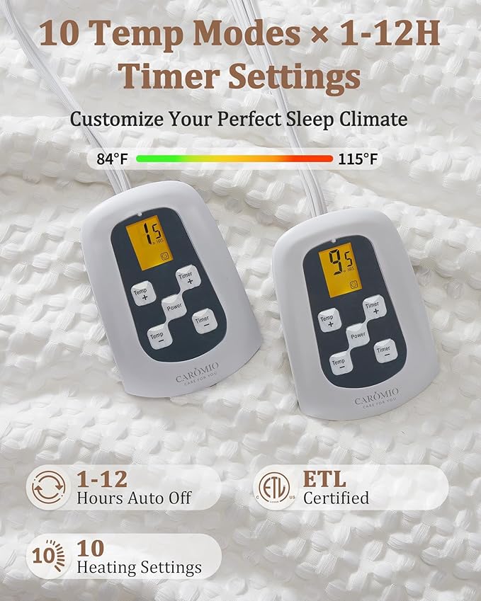 CAROMIO Heated Blanket Queen Size with LCD Dual Controller, Waffle Weave Fast Heating Electric Blankets, 10 Heat Levels & 1-12H Time Settings, ETL Certified, Machine Washable, Off White, 84" x 90"