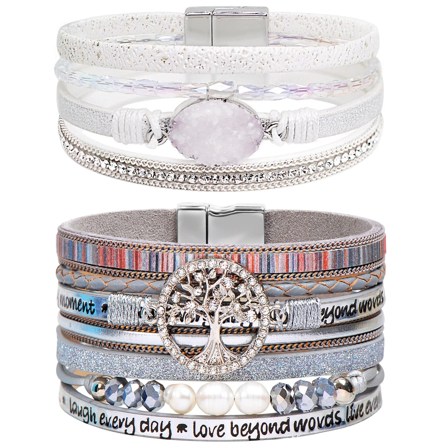 LightOnIt Boho Leather Wrap Bracelets Bohemian Crystal Bracelets Trendy Layered Bracelet with Magnetic Clasp Stackable Jewelry for Women