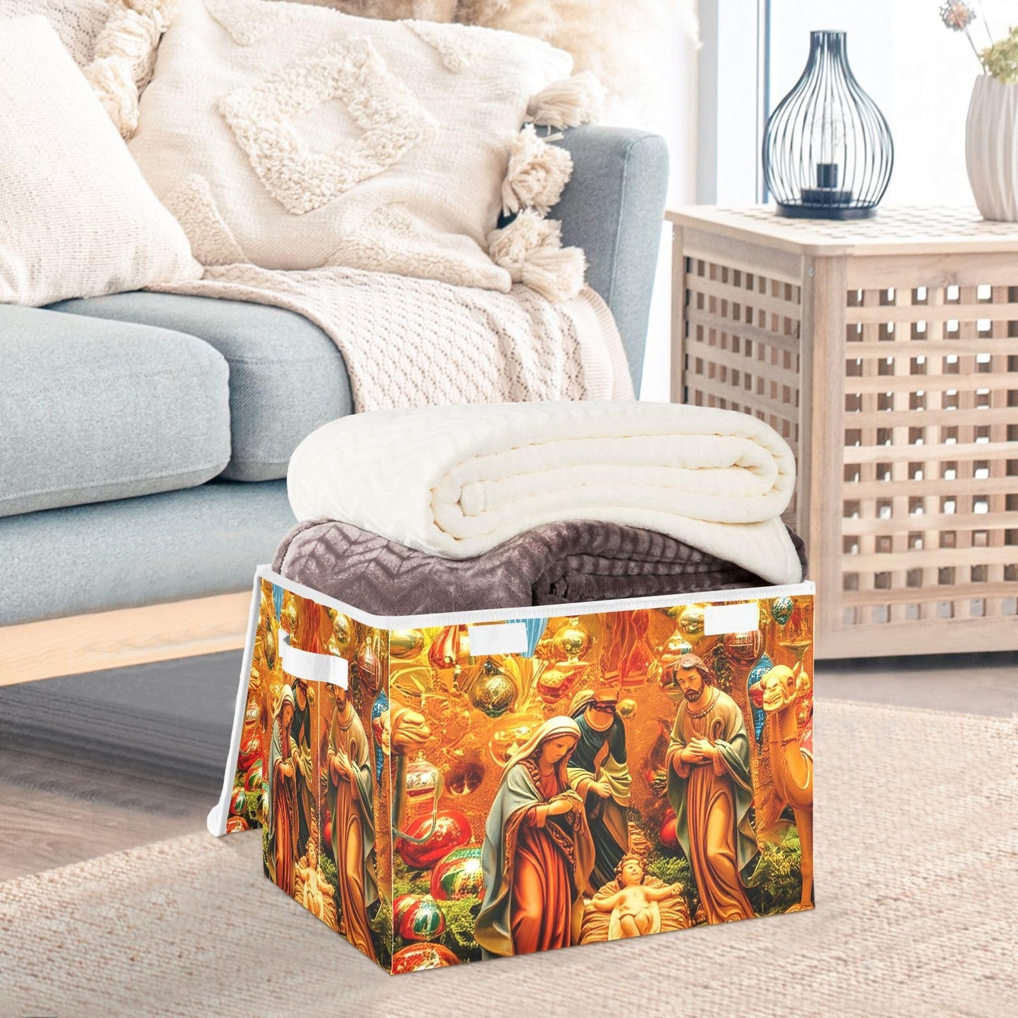Bokkoy Nativity Scene Art Lidded Storage Bins with Handles - 16.5"x12.6"x11.8" Foldable Organizing Box, Oxford Fabric & Honeycomb Board, Dust-Proof Flip Lid for Closet/Office
