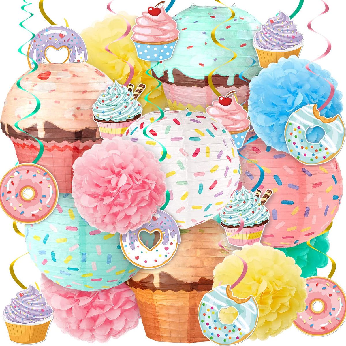 Hortsun 36 Pcs Donut Cupcake Party Hanging Paper Lanterns Two Sweet Birthday Supplies Hanging Swirls Paper Flowers Pom Poms Party Decor for Birthday Baby Shower Candy Supplies