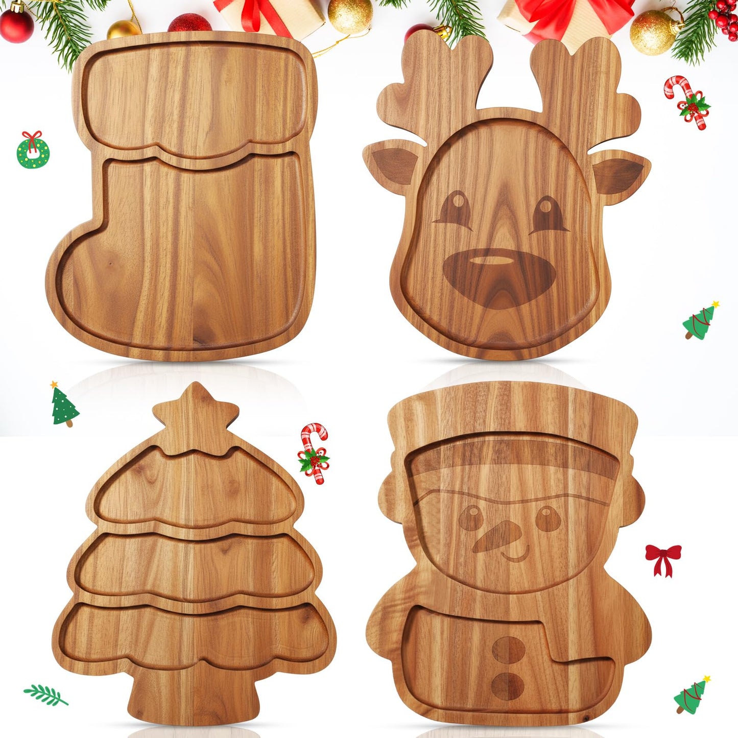 Bokon 4 Pcs Christmas Charcuterie Board 12"x10" Wooden Gingerbread Xmas Cutting Boards Serving Trays for Dessert Cheese Bread Snack Holiday Decor Gift for Christmas Party(Snowman,Acacia Wood)