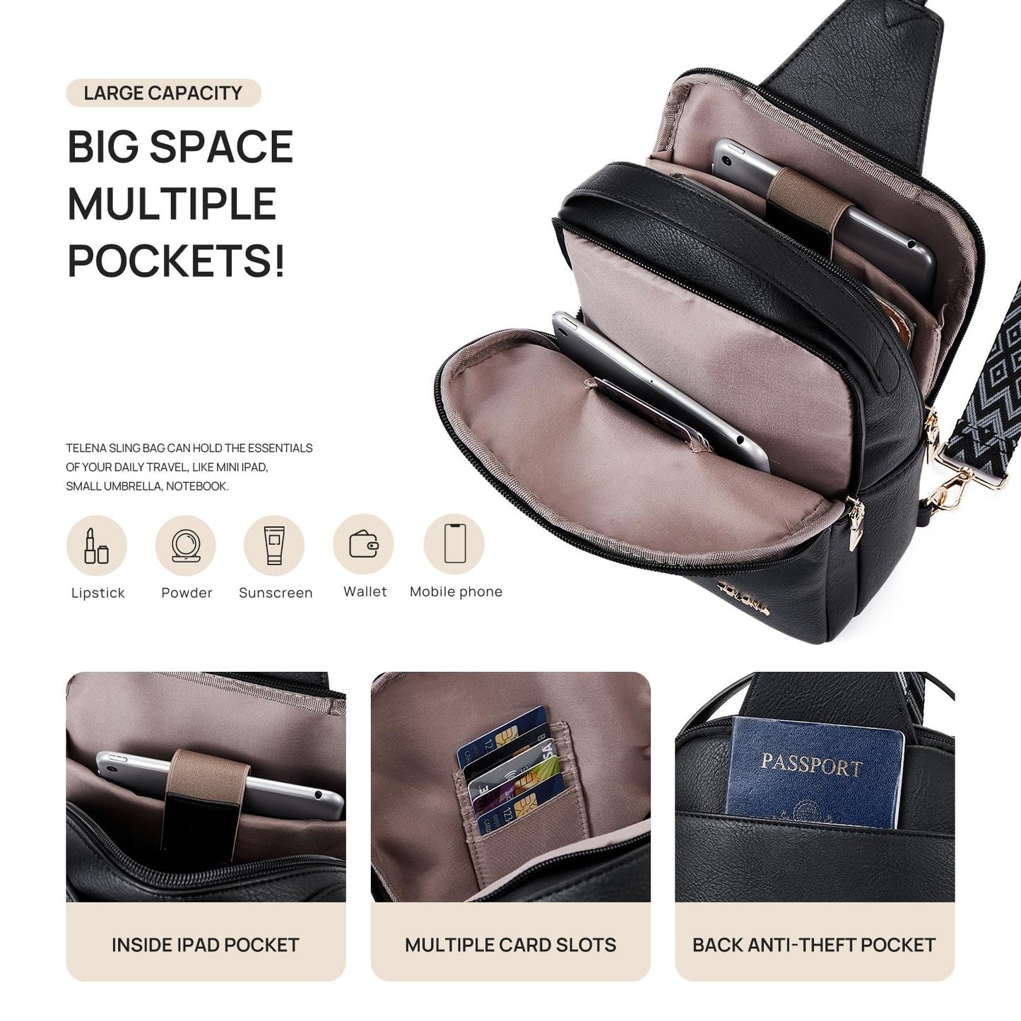Telena Crossbody Sling Bags for Women, PU Leather Fanny Packs Cross Body Bag for Woman