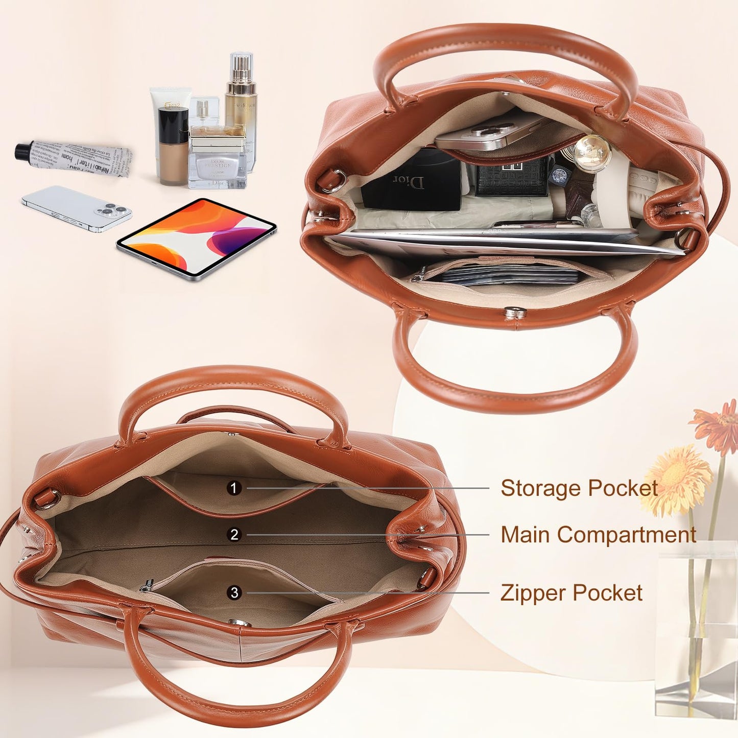 Masa Kawa Genuine Leather Tote Bag for Women with Long Strap, Waterproof Expandable Top-Handle Handbag, Shoulder Crossbody Bag for Daily Work, Caramel Brown
