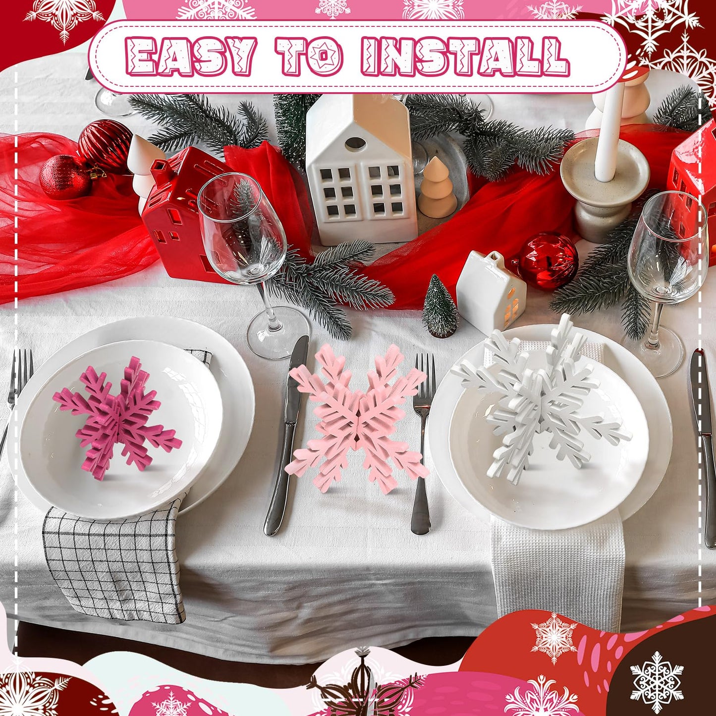 Bucherry 12 Pcs Wooden Snowflake Table Decor 3D Snowflake Tabletop Signs and Centerpiece for Frozen Party Christmas Xmas Winter Wonderland Decorations Home Office Mantel(White, Pink, Rose Red)