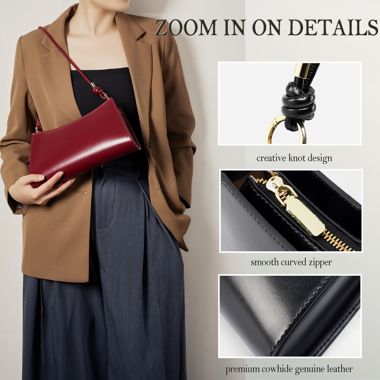 SYMENGR Genuine Leather Evening Bag for Women Stylish Hobo Handbag Shoulder Bags(wine red)