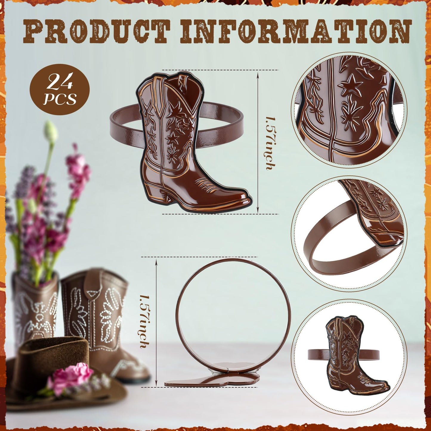 24PCS Western Party Decorations Cowboy Boot Napkin Rings Rustic Farmhouse Western Napkin Holder Metal Tissue Rings Buckles Cowboy Birthday Party Supplies