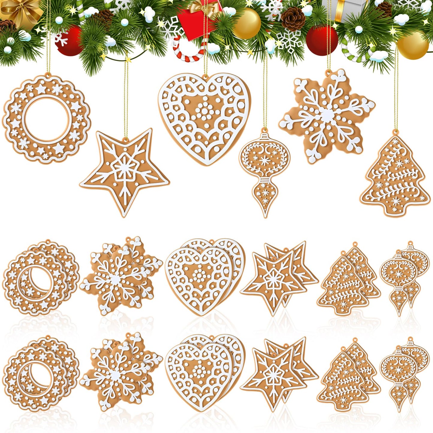 Shellwei 24 Pcs Gingerbread Cookie Ornaments Cookie Christmas Tree Ornaments Bulk Gingerbread Christmas Tree Decorations Rustic Hanging Decor for Xmas Indoor Home