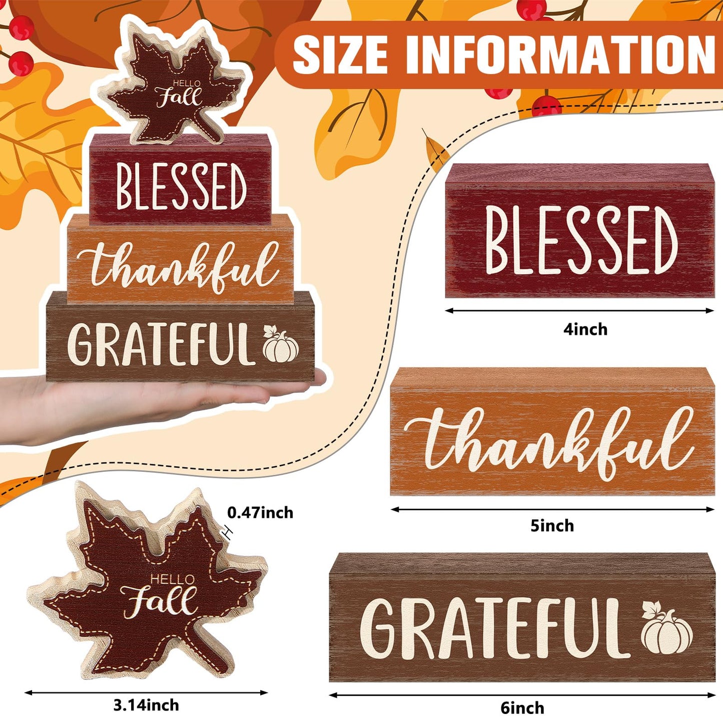 Yousoontic 4 Pcs Hello Fall Wooden Table Decorations Maple Leaf Autumn Rustic Block Signs Centerpiece Tiered Tray Decor Thanksgiving Wood Farmhouse Tabletop Decor Gift for Kitchen Entryway Home Desk