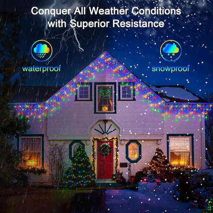 50FT 504 LED Outdoor Christmas Lights - 112 Ice Drops, 12 Pro Modes with Timer Memory & Brightness, Waterproof Hanging Ice String Light for Holiday Wedding Garden Fence House Decor (Multicolor)