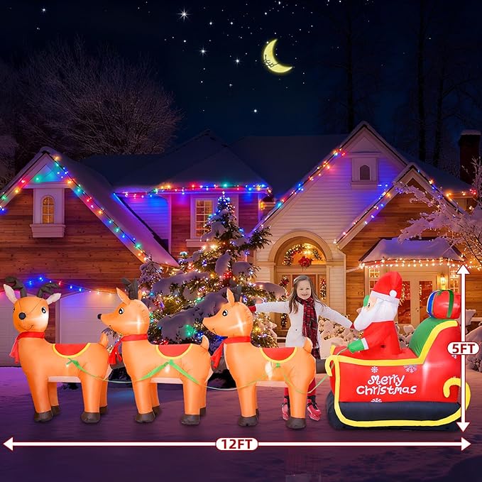 12FT Long Christmas Inflatables Outdoor Decorations, Inflatables Santa Claus on Reindeer Sleigh Built-in LED Lights, Christmas Blow Up Yard Decorations for Holiday Outdoor Garden Lawn Decor