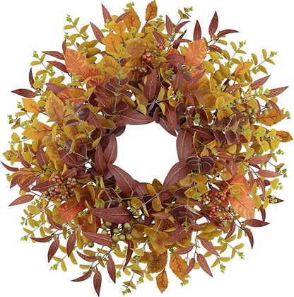 Fall Wreaths for Front Door 24 Inch Large Artificial Autumn Wreath with Eucalyptus Leaves Harvest Thanksgiving Indoor Outdoor Decor Porch Window Wall Farmhouse Rustic Hanging Door Decorations