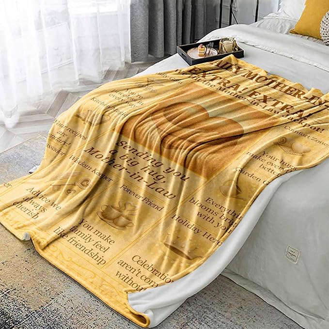 Mother-in-Law Blanket 60x50 - Vintage Newspaper Flannel Throw with Big Hug Quote, Cozy Sepia Decor - Birthday, Mother’s Day from Daughter-in-Law or Son-in-Law