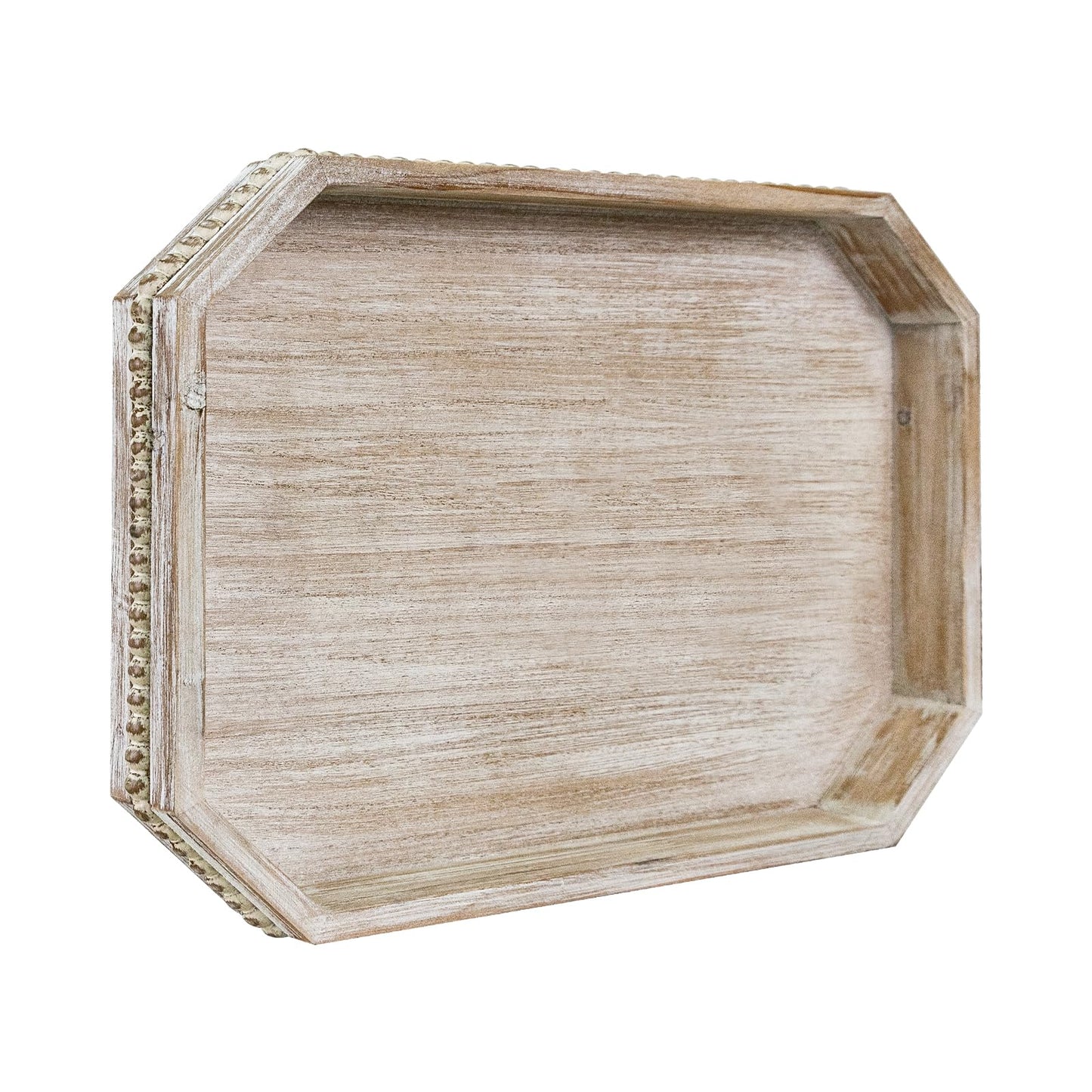 Wooden Decorative Tray, Rustic Serving Tray with Wood Bead, Farmhouse Big Tray for Ottoman, Countertop, Coffee Tabl, 16.5" x 13"x 1.6" (White Washed)