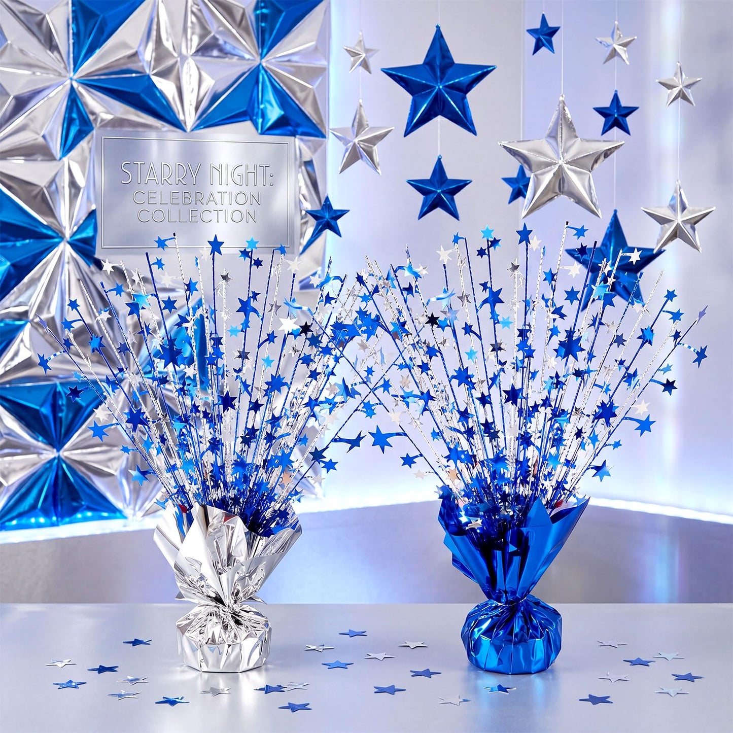 CraftyDream 6 Pcs Star Table Centerpieces Silver Blue Birthday Party Decorations Metallic Foil Spray Centerpieces Glitter Spray Table Decor for Birthday Anniversary Graduation Wedding Supplies