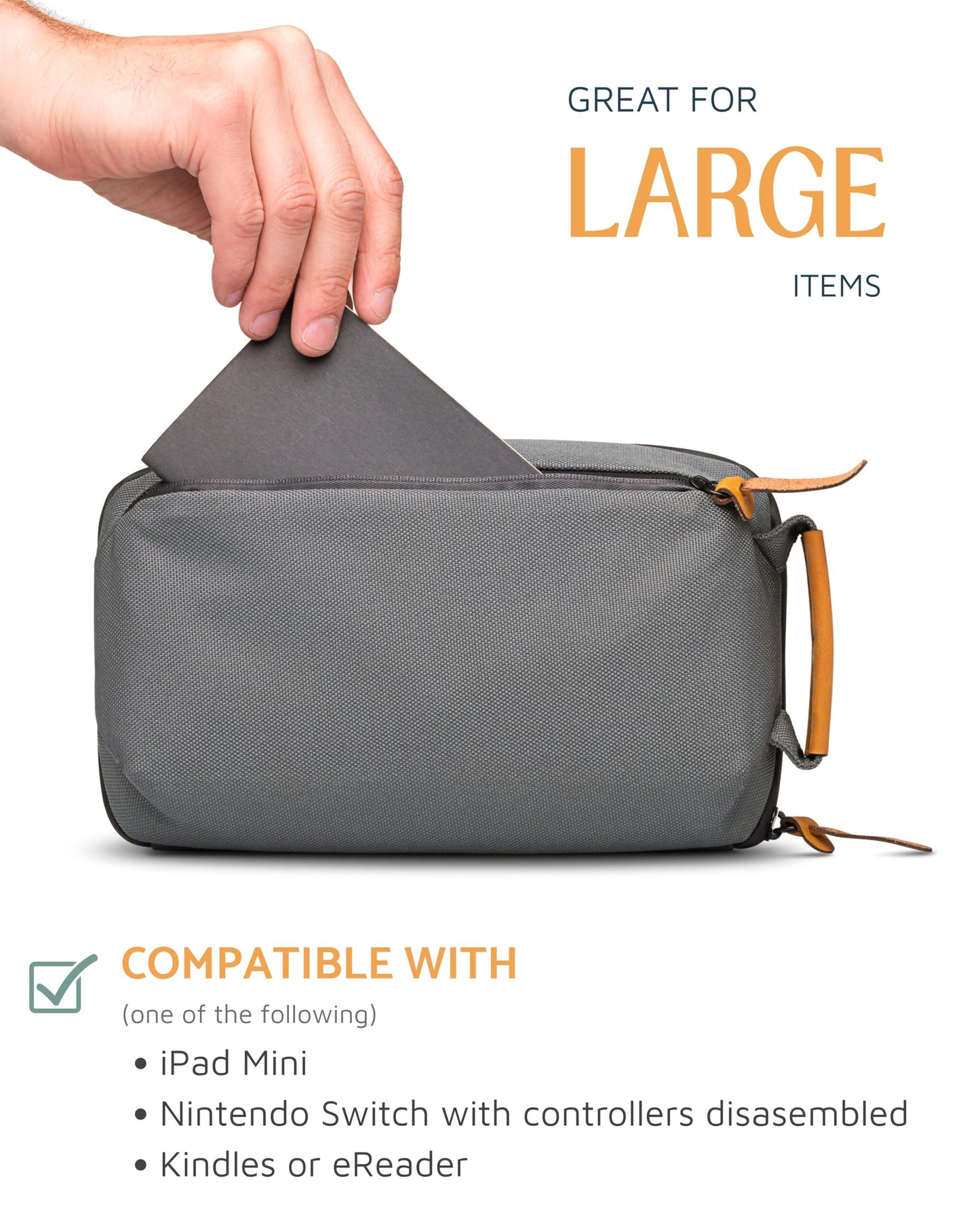 Tech Bag Organizer - Small Electronics Organizer Pouch for Travel - Premium Travel Case with Leather Accents - Mesh Pocket for Cables, Cords and Chargers (Grey)