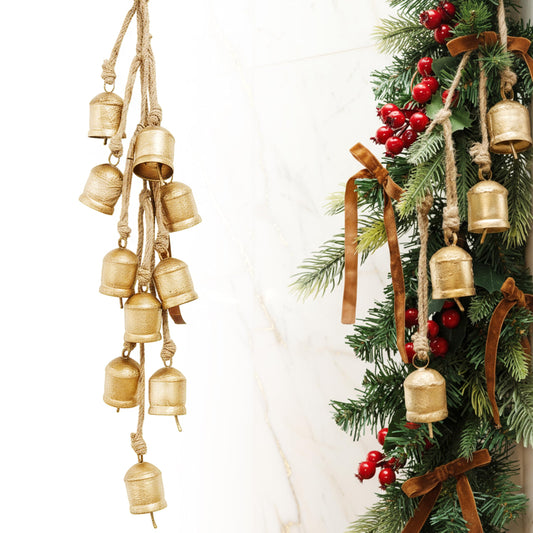Rustic Golden Christmas Bell Ornaments and Velvet Bows – Beautiful Ornament Set of 10 Adds Elegance to Any Modern or Farmhouse Christmas Tree Decor – Giftable Vintage Bells w/a Festive Holiday Sound