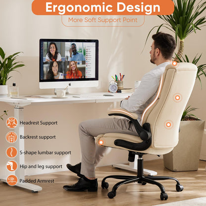 Sweetcrispy Computer Gaming Chair, Ergonomic High Back Heavy Duty Task Desk Office Chairs with Wheels, Flip-up Arms, Adjustable Height, PU Leather, Cream