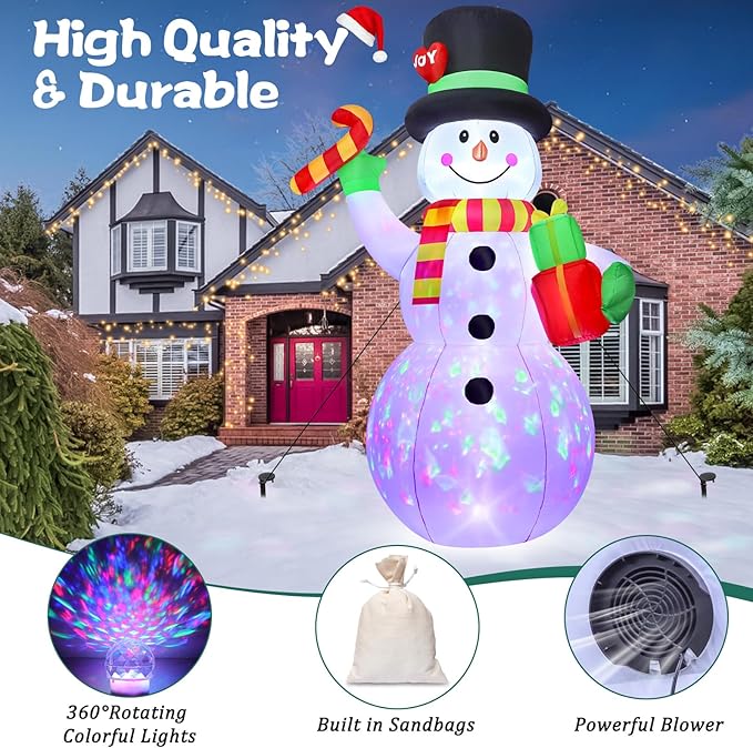 FunFanso 7FT Christmas Inflatable Snowman Outdoor Decoration, Giant Blow up Snowman Holds Candy and Gift Boxes, Built-in Rotating Colourful Lights for Yard, Garden, Patio, Lawn Xmas Holiday Decor