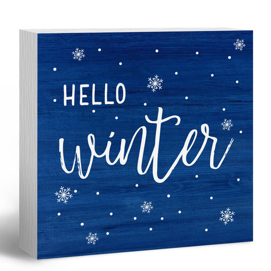 ANIANG Hello Winter Sign, Christmas Snowflake Desk Decor, Vintage Farmhouse Seasonal Xmas Wood Box Sign Plaque for Office Home Wall Shelf Decor
