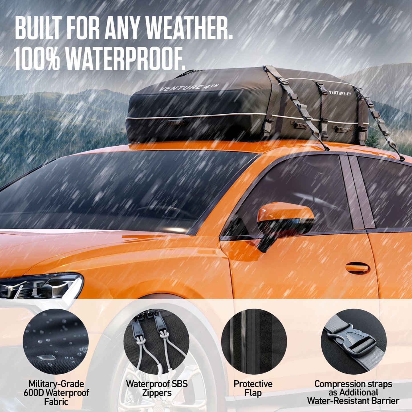 VENTURE 4TH Rooftop Cargo Carrier - 21 Cubic Feet Waterproof Car Roof Cargo Bag with Tie-Down & Compression Straps, Fits Most Vehicles with or Without Roof Racks, Sidebars & Crossbars