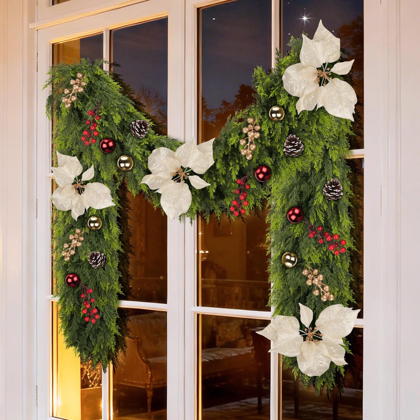 Real Touch Cedar Garland for Home, Thicken Cypress Green Artificial Greenery Garlands, 6FT Realistic Pine Garland with Flowers Berries Pinecones Balls, Cedar Garlands for Christmas in July Decorations