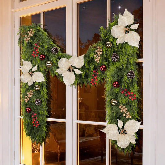 Real Touch Cedar Garland for Home, Thicken Cypress Green Artificial Greenery Garlands, 6FT Realistic Pine Garland with Flowers Berries Pinecones Balls, Cedar Garlands for Christmas in July Decorations