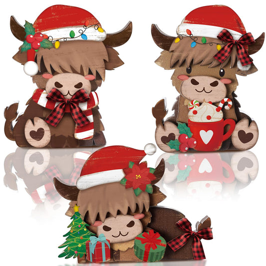 GlikCeil 3 Pcs Christmas Highland Cow Wooden Table Decorations Centerpiece Block Christmas Highland Cow Tiered Tray Tabletop Sign for Office Dining Room Mantle Party Supplies Home