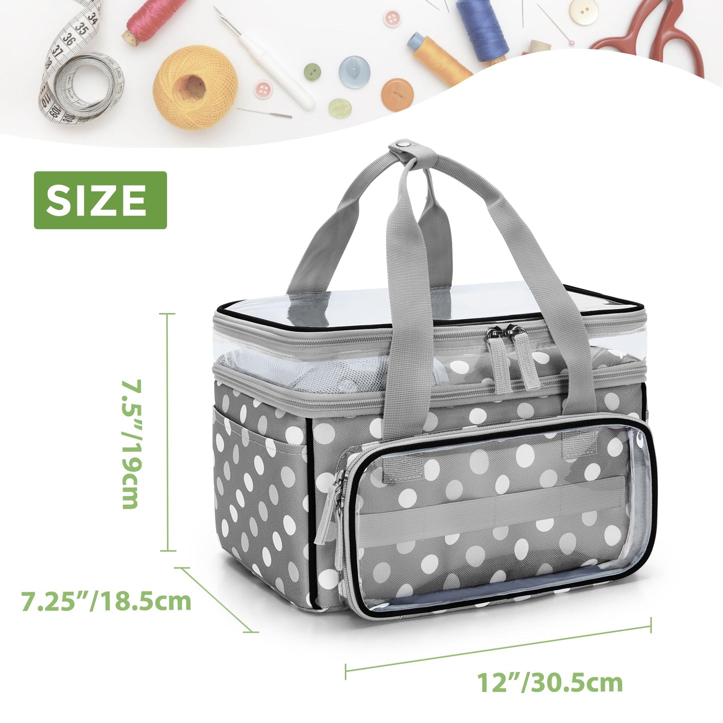 LUXJA Double-Layer Sewing Storage Organizer with Transparent Compartment, Large Sewing Organizer Bag with Detachable Divider for Sewing Supplies (Bag Only), Polka Dots
