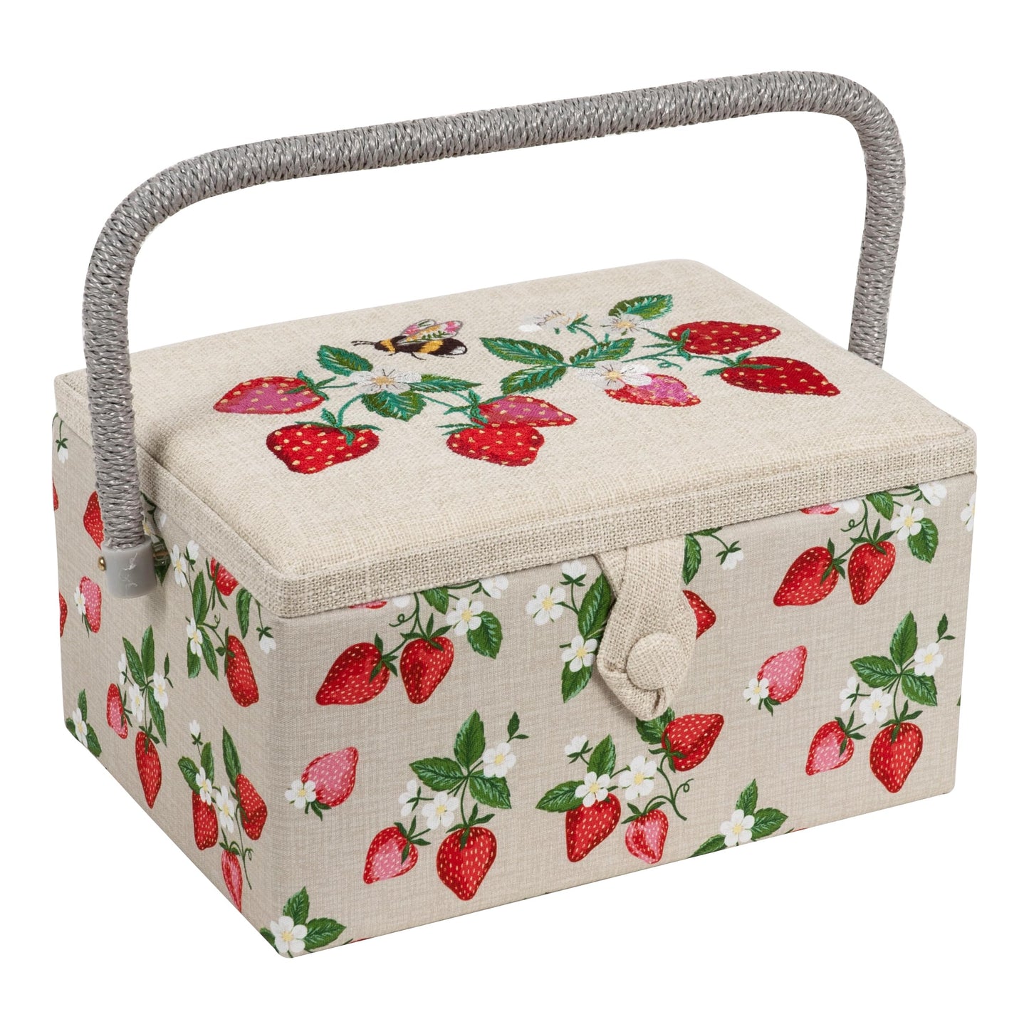 Hobby Gift Medium Sewing Box Organiser, Fabric Covered Storage Box with Handle, Internal Tray, Pin Cushion and Pocket for Sewing, Quilting and Knitting Supplies