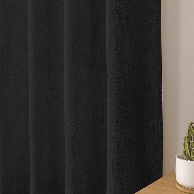 Tollpiz Short Linen Curtain Bedroom Rod Pocket Semi Sheer Curtains Burlap Light Filtering Thick Linen Drape for Living Room, 38 x 54 inches Long, Black, Set of 2 Panels