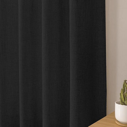 Tollpiz Linen Curtain Bedroom Rod Pocket Semi Sheer Curtains Burlap Light Filtering Thick Linen Drape for Living Room, 38 x 84 inches Long, Black, Set of 2 Panels
