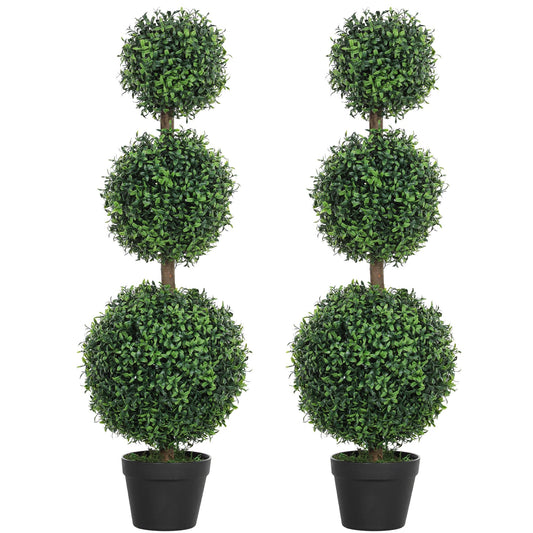 HOMCOM Artificial Plants Topiary Ball-Shaped Boxwood Trees in Pot Set of 2 Fake Plants for Home Indoor Outdoor Front Porch Decor, 40 Inch, Green